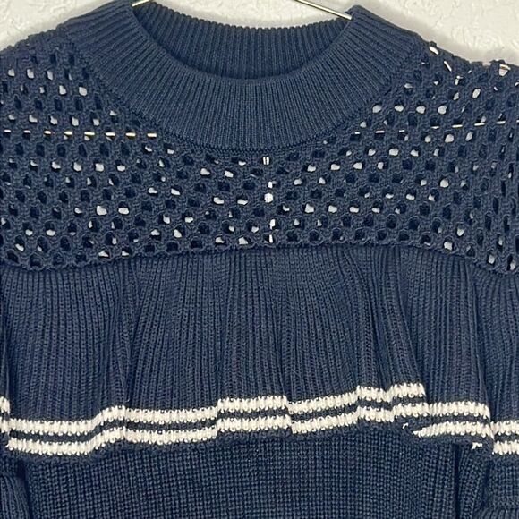 New Self-Portrait STRIPED FRILL SWEATER NAVY Wool Jumper Small - Picture 5 of 16